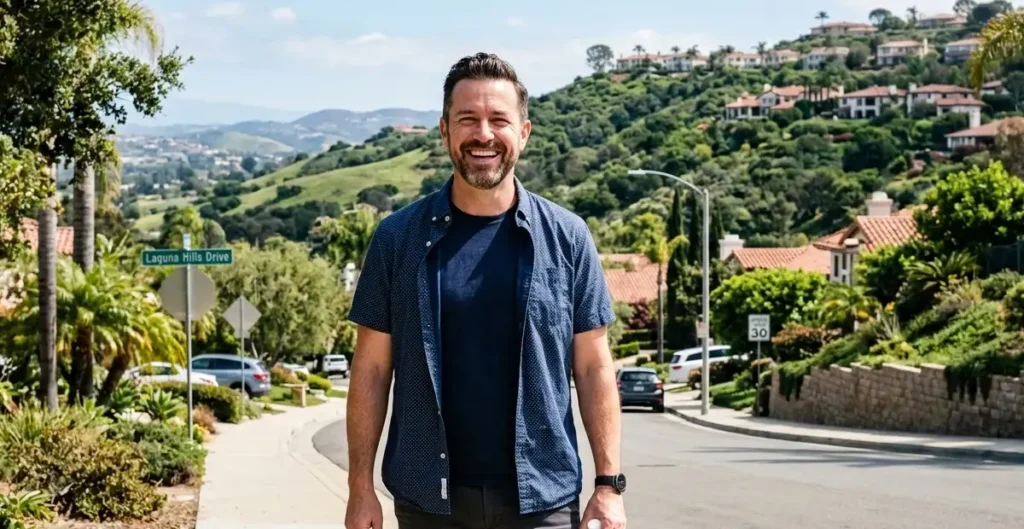 Image of a man smiling as he walks on the sidewalk on his way to get All-on-4 Dental Implants in Laguna Hills.