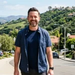 Image of a man smiling as he walks on the sidewalk on his way to get All-on-4 Dental Implants in Laguna Hills.