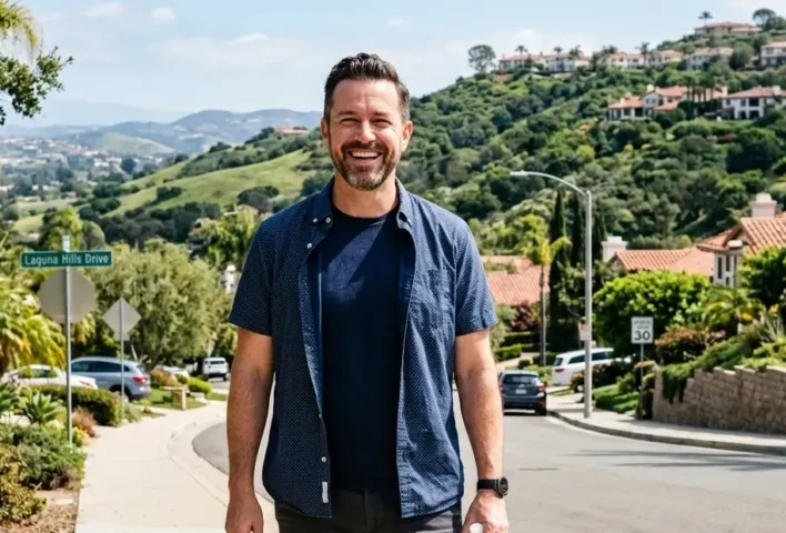 Image of a man smiling as he walks on the sidewalk on his way to get All-on-4 Dental Implants in Laguna Hills.